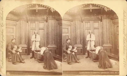 Babys Death, sekcja szwedzka, z tytułu wystawy: Sceny z życia rodzinnego Szwedów, wystawa #na, Gmach Wystawy Głównej, Budynek, 1876 (druk stereoskopowy)