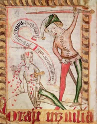 Zbrodnia, z Krajowych Kodeksów Prawnych Magnusa Erikssona (1319-64), ok. 1450