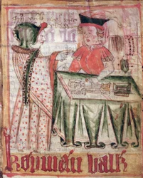 Wnętrze sklepu, z krajowych kodeksów prawnych Magnusa Erikssona (1319-64), około 1450 roku