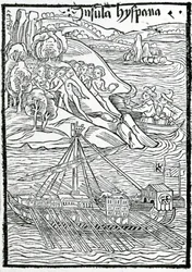 Przybycie Columbus Caravel na wyspę Hispaniola
