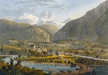 Bryg nad Rodanem, Alpy Berneńskie, Szwajcaria, z Voyage Pittoresque de Geneve a Milan, 1819