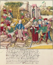 Założenie miasta Berno w 1191 r., miniatura ze Spiezer Bilderchronik, Szwajcaria