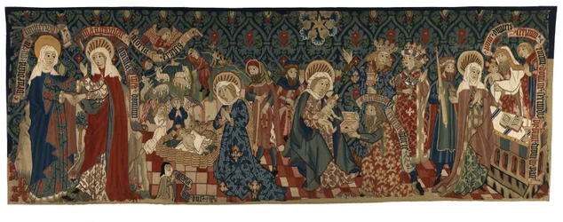 Gobelin na grzbiecie przedstawiający cztery sceny z życia Marii Panny, z Bazylei, ok. 1450-75 (nici wełniane i białe lniane)