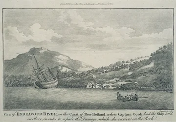 Kapitan Cook, który rozbił się podczas swojej podróży dookoła świata, naprawił Endeavour w porcie na jednej z Wysp Nadziei, ok. 1786 r. (rycina)