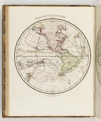 Mapa półkuli zachodniej, ilustracja z „Dziennika podróży na morza południowe: na statku Jego Królewskiej Mości The Endeavour”