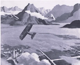 Brytyjscy zwiadowcy opuszczający lotnisko na patrolu nad płaskowyżem Asiago we Włoszech, z publikacji British Adventure wydanej przez Collins, 1947