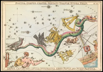 Noctua, Corvus, Crater, Sextans Uraniae, Hydra, Felis, Lupus, Centaurus, Antilia Pnuematica, Argo Navis i Pysix Nautica, ok. 1825 (karta, papier, bibułka)