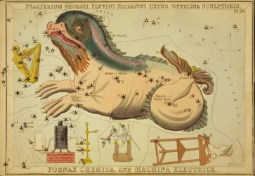Psałterz Jerzego, rzeka Eridanus, Cetus, arkusz rzeźbiarza, piec chemiczny i maszyna elektryczna, ilustracja z „Zwierciadła Urania”