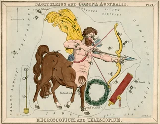 Sagittarius i Corona Australis. Microscopium and Telescopium, ok. 1825 r. (karta, papier, bibułka)