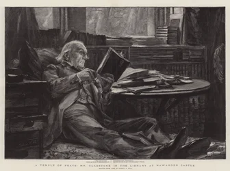 Świątynia Pokoju, pan Gladstone w Bibliotece w zamku Hawarden