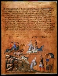 Cała strona: tekst i miniatura: Abraham i Bera z Sodomy (miniatura na pergaminie)