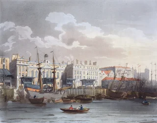 Custom House z Tamizy, z „Mikrokosmosu Londynu” Ackermanna, grawerowane przez Johna Blucka (fl.1791-1819)