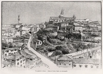Ogólny widok Sieny (Włochy). Grawer Taylora ilustrujący historię „A travers la Tuscane” Eugene