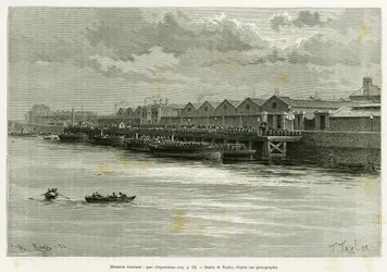 Browar Guinnessa, port eksportowy. Grawer Taylora, ilustrujący historię Trzy miesiące w Irlandii, w 1889, autorstwa Marie Anne de Bovet, in le tour du monde 1890, w reżyserii Edouarda Chartona (1807-1890), Hachette, Paryż.