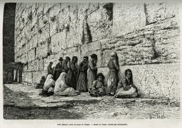 Żydzi płakali pod ścianami świątyni (ściana płaczu). Grawerowanie autorstwa Taylora, ilustrujące La Syria d