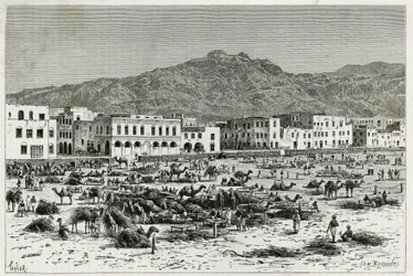 Marsz Adenu (Jemen). Rycina Taylora, ilustrująca historię „Podróż do Benadiru, Somalii i Bajoun””, w latach 1882-1883, autorstwa M.G.Revoil. Opublikowano w Le Tour du monde, nouveau journal des voyages