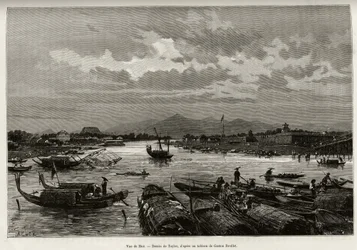Widok Hue (Wietnam), z opisem nawigacji po rzece Song Huong i pagodzie Thien Mu, za murami obwodowymi. Grawerowanie autorstwa Taylora, aby zilustrować historię „Trente mois au Tonkin” autorstwa dr. Charlesa Edouarda Hocquarda (1853-1911), w 1885 r., w
