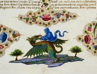 Fryz bordowy u dołu strony z postacią geniusza i skrzydlatego potwora, tom II f 198, v, Biblia Borso d