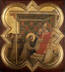 Życie św. Franciszka z Asyżu: Innocenty III potwierdza panowanie franciszkańskie w 1210 r. - tempera na drewnie