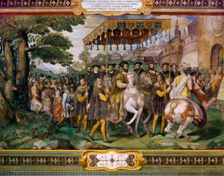 Franciszek I witający Karola V i kardynała Alessio Farnese w Paryżu, Taddeo Zuccari (1529-1566), Palazzo Farnese, Caprarola, Włochy