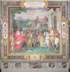 Karol V (1500-58) z Alessandro Farnese (1546-92) w Wormacji, z „Sala dei Fasti Farnese” (Sala Splendorów Farnese) 1557-66 (patrz także 156715)