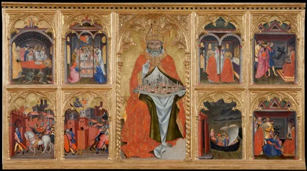 „San Gimignano tronant” (Saint Geminien of Modena, 312-397) Tempera na drewnie autorstwa Taddeo di Bartolo (1362-1422)