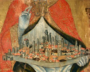 Widok miasta San Gimignano, z domami i pomnikami, detal (obraz