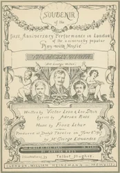 Strona tytułowa Souvenir z pierwszego jubileuszowego występu The Merry Widow w Londynie (kolor lito)