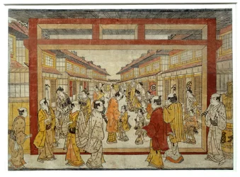 Widok perspektywiczny Nakano-Cho. Japońska grafika Masanobu Tanaki, czynna w latach 1741-1748, styl Ukiyo-E. Paryż, Muzeum Guimet