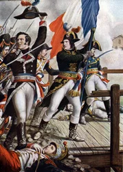 Pierwsza kampania włoska: Napoleon Bonaparte (1769-1821) w bitwie pod mostem Arcole, listopad 1796” (Napoleon Bonaparte podczas bitwy pod mostem Arcole (Arcola), listopad 1796) Ilustracja Tancredi Scarpelli (1866-1937) z „Storii”