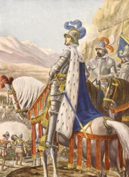 Franciszek 1. król Francji podczas bitwy pod Marignan w 1515 r., ilustracja, lata 30.