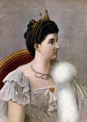 Portret królowej Włoch Heleny (Eleny) Czarnogórskiej (1873-1952). Ilustracja Tancrediego Scarpellego (1866-1937) z „Storia d