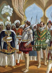 Portugalski nawigator Pedro Alvares Cabral (1460-1526) na dworze króla (Zamorin) z Calicut (Kozhikode) w dniu 13.09.1500 w celu wynegocjowania ustanowienia kontuaru w Indiach (portugalski nawigator Pedro Alvares Cabral negocjujący z Zamorin w Cali