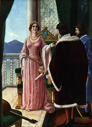 Królowa Joanna II Neapolitańska (Giovanna di Napoli lub Anjou Durazzo) (1373-1435) wyznacza swojego adoptowanego syna Ludwika III Andegaweńskiego (1403-1434) na króla Neapolu. Ilustracja Tancrediego Scarpelliego (1866-1937) z „Sto”