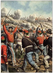 Risorgimento: przedstawienie Giuseppe Garibaldiego (1807-1882) podczas bitwy - okładka "Garibaldi, Cronistoria illustrata dell