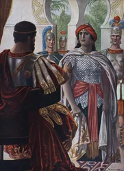 Starożytność rzymska: Imperator z Palmiry Septimia Bathzabbai Zenobie schwytany przez cesarza rzymskiego Aureliena, 272”” (Królowa palmyreńskiego imperium Zenobia, więzień cesarza rzymskiego Aureliana, 272 ne) Ilustracja autorstwa Tancredi Scarpelli (1866-