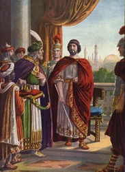 Starożytność rzymska: Cesarz Julian Apostata (Julian Filozof lub Julian II) zwyciężył perskiego króla Szapura II w 363 r.”” (Cesarz rzymski Julian Apostata (Julian Filozof) i król Persji Szapur II, 363 r. n.e.) Ilustracja autorstwa Tancre