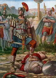 Starożytność rzymska: przedstawienie konsula Tytusa Manliusza Imperiosusa Torquatusa pokonującego Galijczyka w 361 pne - (Tytus Manlius Torquatus walczący z galijskim wojownikiem, który rzucił wyzwanie armii rzymskiej i go zabił, 361 pne) Ilustracja autors