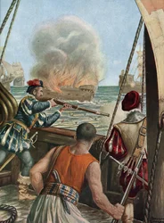 Druga wyprawa do Indii (1502-1503) „” Bitwa morska między portugalską flotą Vasco de Gama a flotą Calicut, Portugalczycy ostrzeliwują muzułmański statek Miri szarżują na peleryny wracające z Mekki, 3.10.1502”” (druga podróż Vasco de Gama (1502-1503)