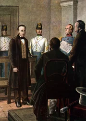 Odczytanie wyroku skazującego Silvio Pellico (1789 - 1854) i Piero Maroncellego (1795 - 1846) na uwięzienie w twierdzy Spielberg w Brnie za ich przynależność do ruchu karbonariuszy (Charbonnerie lub carboneria)