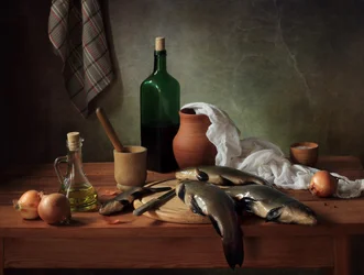 Rustykalna martwa natura z rybami