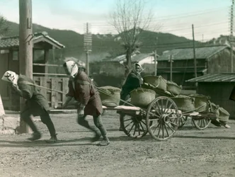 Japońscy chłopi ciągnący worki z ryżem na wózku, ok. 1900-1915 r. (zdjęcie)