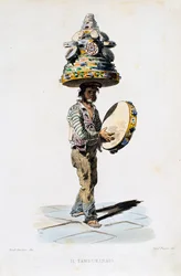 Człowiek tamburyn, rytowany przez Giovanniego Fusaro (1803-1894) na podstawie rysunku Teodoro Duclere (1816-1867). Włochy