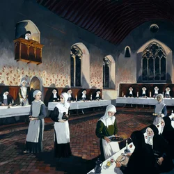 Rekonstrukcja refektarza w XV wieku, Opactwo Denny, Cambridgeshire, 1993