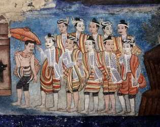 Grupa tajskich mężczyzn yai (Shan), szczegół murali w Viharn laikam przedstawiających Opowieści Sang Thong (mural)
