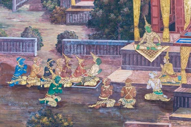 Malowidło ścienne przedstawiające sceny z Ramajany w Wat Phra Kaeo, Wielkim Pałacu Królewskim, Bangkok, Tajlandia