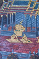 Malowidło ścienne przedstawiające sceny z Ramajany w Wat Phra Kaeo, Wielkim Pałacu Królewskim, Bangkok, Tajlandia