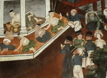 Pani pałacowa przyjmująca muzułmańskich kupców i zachodnich marynarzy, szkoła Rattanakosin (malarstwo ścienne)