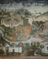 Miasto Phitsanulok i fontanna z posągami Buddy, Wat Bowonniwet Vihara, Bangkok