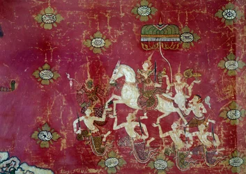 Buddyzm: „” scena z życia Buddy: Wielki Odjazd”” Fragment obrazu na płótnie z Tajlandii. Słońce 1,4x0,9 m Paryż, Musee Guimet, Musee national des Arts Asians
